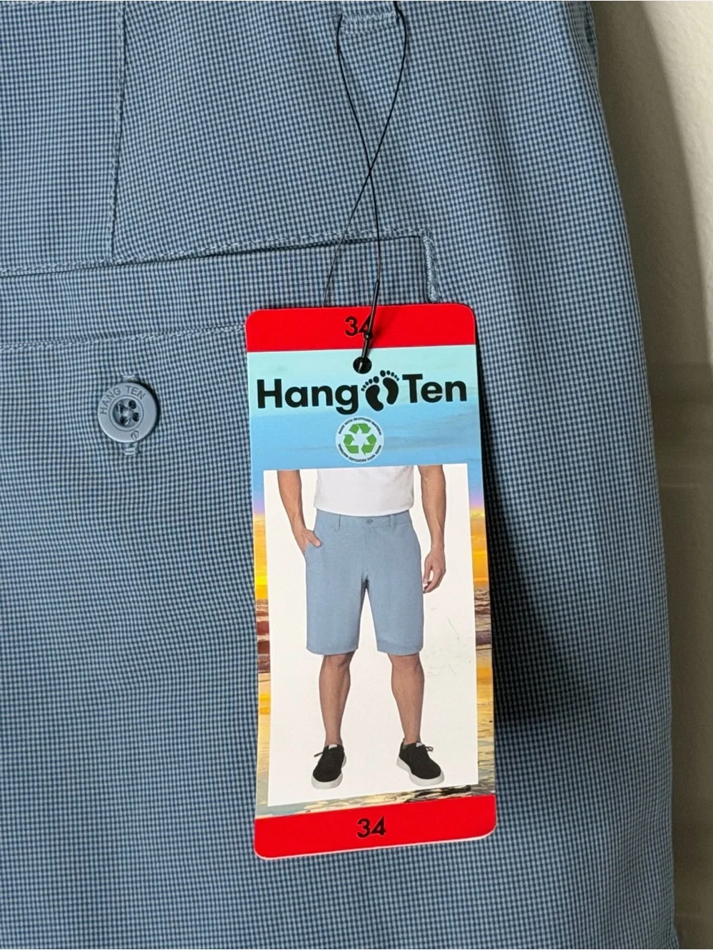 Hang Ten Men's Hybrid Walkshorts Blue Micro Check 4-Way Stretch Size 34 NWT